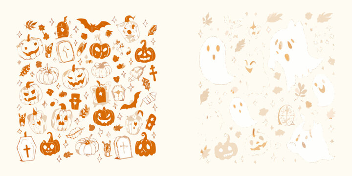 Halloween themed floral ornament pattern with pumpkins ghosts and bats