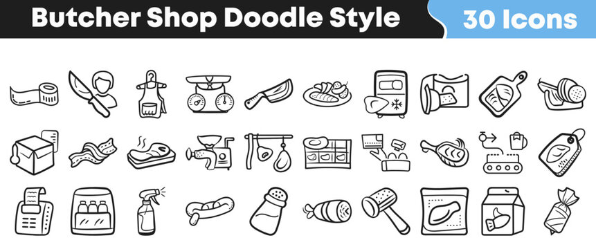Collection of hand drawn butcher shop icons in doodle style