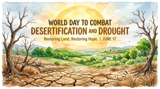 Illustration for World Day to Combat Desertification and Drought with dry cracked ground and leafless trees