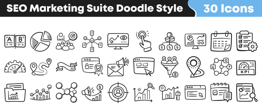 Set of thirty hand drawn seo marketing doodle style icons