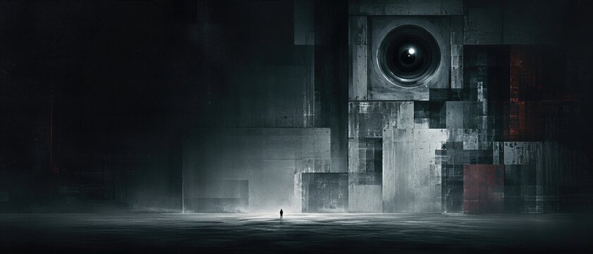 Man standing before giant digital eye monitoring city. Artificial intelligence watching humanity. Concept of surveillance, paranoia and fear of technology. Dystopian future scenery.