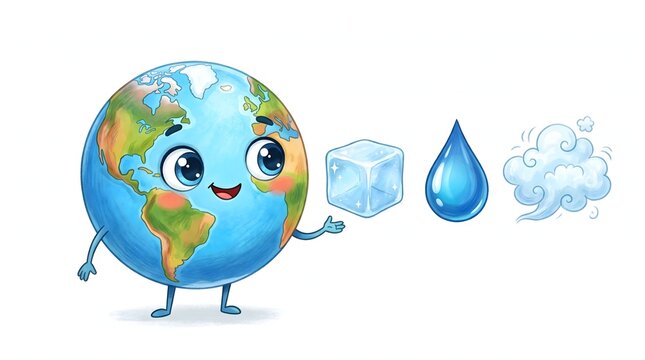 Smiling Earth cartoon learning about states of matter using ice, water and steam in a colorful educational scene.