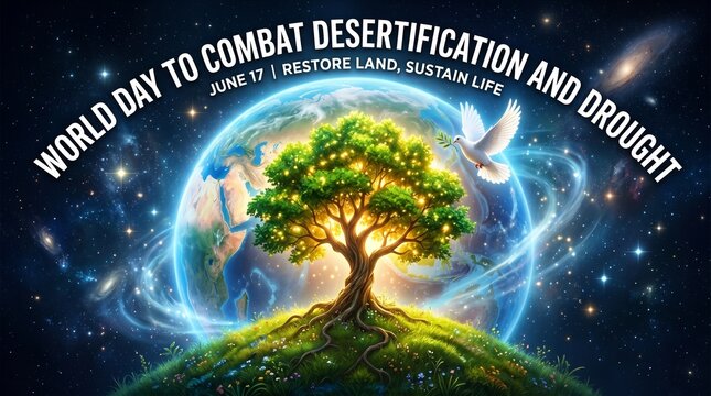 World day to combat desertification and drought with glowing tree and earth illustration