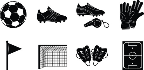 Soccer Equipment and Football Match Elements Silhouette Icons Set © Nurjahan