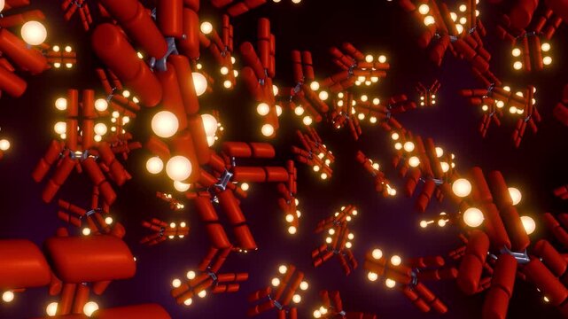 A 3d animation of camera executes a continuous deep dive forward into a dark microscopic sea of floating red antibodies conjugated with glowing bioluminescent yellow markers