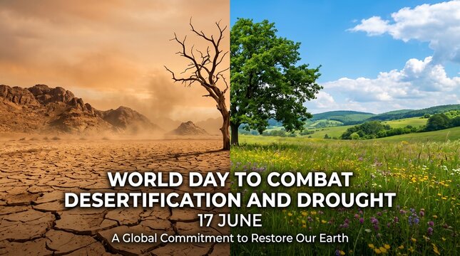 Environmental contrast, desertification vs lush landscape, World Day to Combat Desertification and Drought