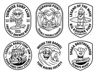 Fototapeta premium Retro black and white surf club logo set featuring cartoon characters and iconic coastal summer themes