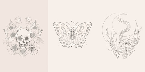 Floral skull butterfly and serpent illustrations gray toned vector triptych © Tapan