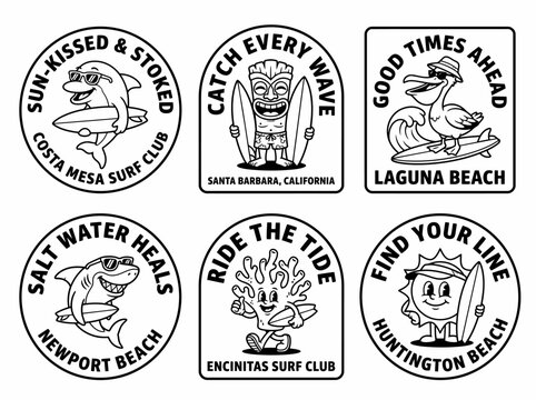 Collection of six black and white vintage style surfing stickers with cartoon characters and typography