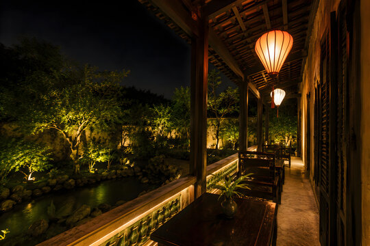 Hoi An Vietnamese Heritage Veranda at Night with Silk Lanterns and Garden View