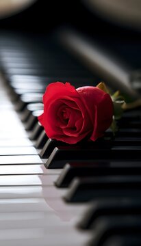 Romantic red rose rests on piano keys a delicate artistic expression of love and timeless beauty