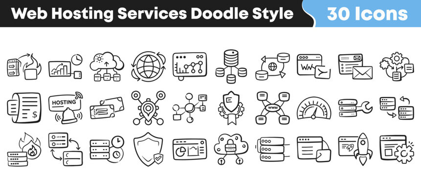 Collection of thirty hand drawn web hosting services doodle icons