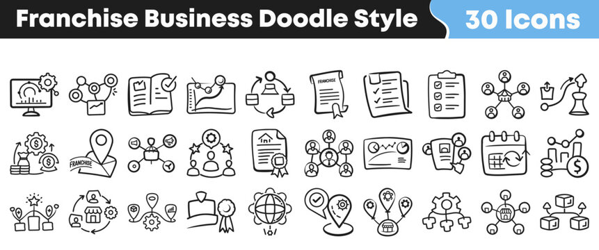 Hand drawn franchise business icons set with thirty unique elements