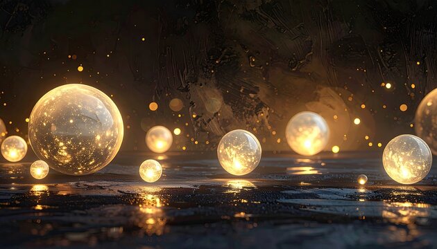 Magical Glowing Orbs Floating on Water Surface with Bokeh Lights.