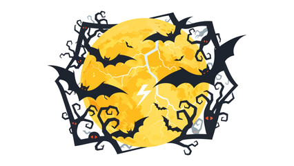 Spooky Halloween Night: Silhouettes of bats and gnarled trees surround a bright full moon with lightning striking across its surface, creating an eerie and festive Halloween atmosphere. © abidakhatun