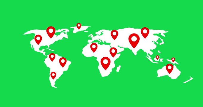 World map animation with red location pins popping up for global travel and logistics business concept. Animated world map with multiple red location pins popping
