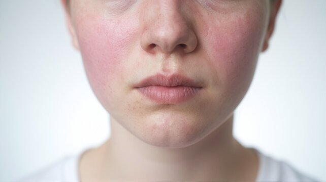 Woman showing sensitive skin on face in studio
