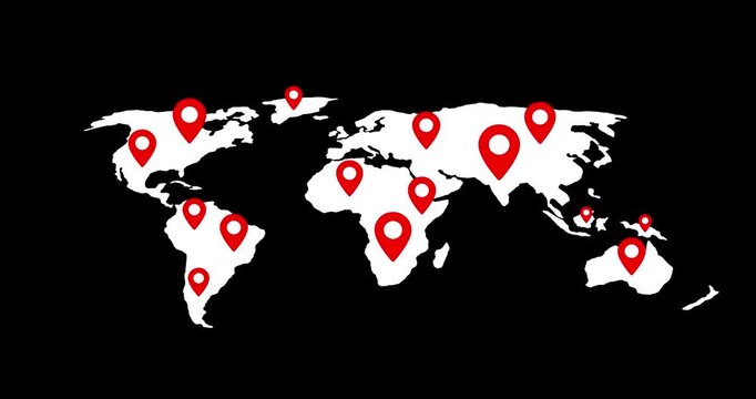 World map animation with red location pins popping up for global travel and logistics business concept. Animated world map with multiple red location pins popping
