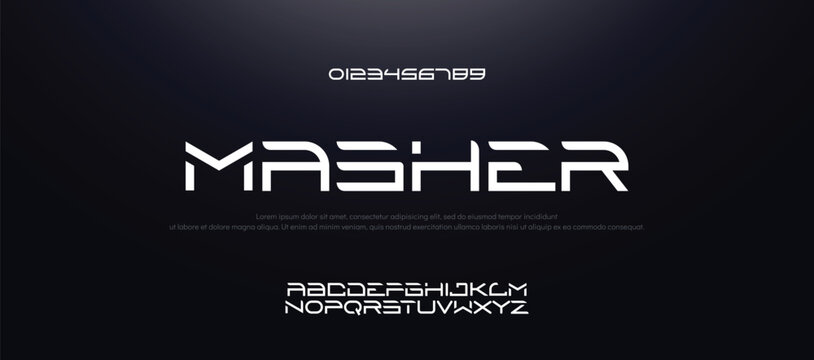 MASHER Digital Abstract minimal modern alphabet fonts for logo. Typography technology electronic digital music future creative font. vector illustration