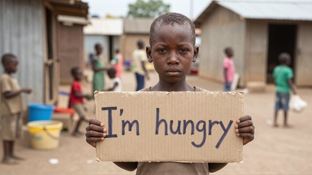 Serious young African boy holds 'I'm hungry' sign, looking directly at camera in a rural village setting