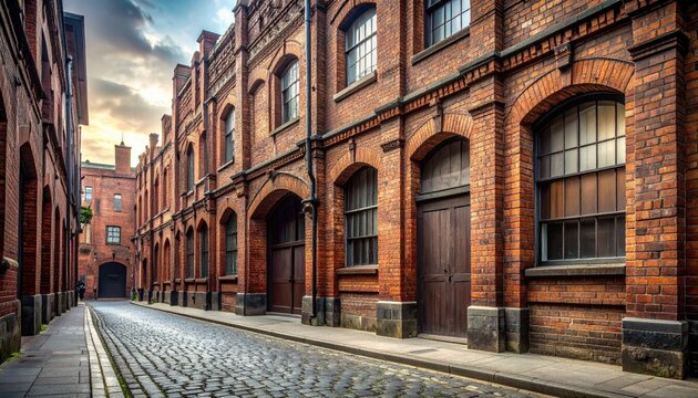 Historic Victorian Brick Industrial Street Scene with Cobblestone Road.