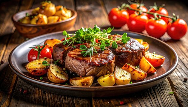 Gourmet Grilled Steak Dinner with Roasted Potatoes and Cherry Tomatoes.