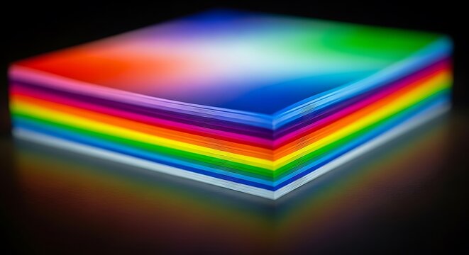 Vibrant stack of colorful transparent acrylic sheets with glowing neon edges