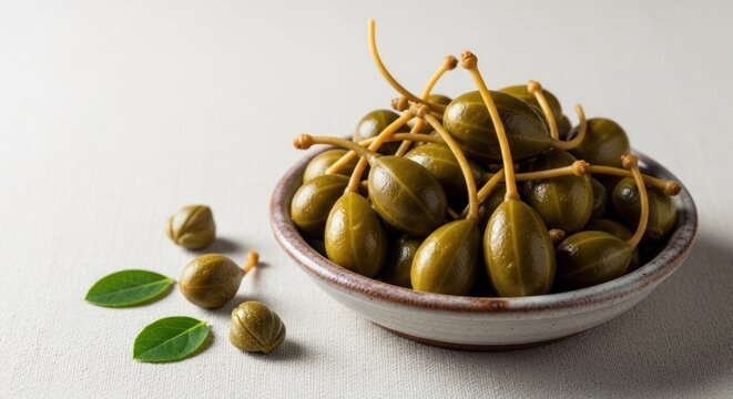 Close up of fresh caper berries in a ceramic bowl culinary ingredient