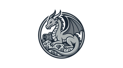 Dragon guarding treasure chest in a circular frame. © rafa
