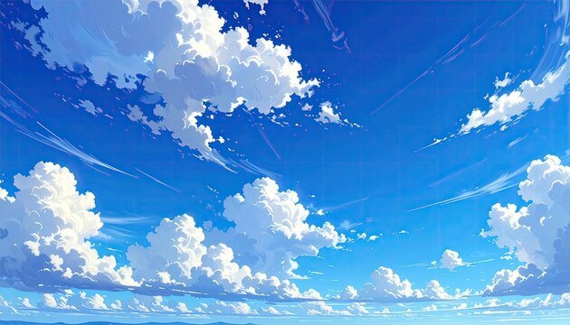 Vast Blue Sky with Fluffy White Cumulus Clouds and Wispy Cirrus Formations.