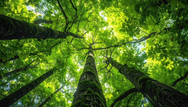 Looking Up Through Lush Green Forest Canopy Towards Sunlight.