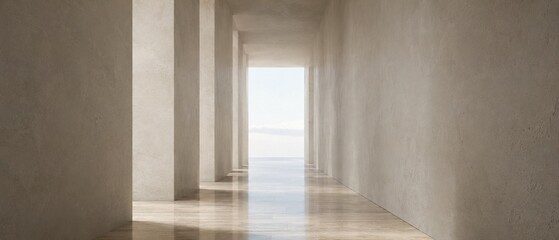 Fototapeta premium Minimal Architectural Passage Leading to Bright Daylight Horizon with Elegant Perspective Depth