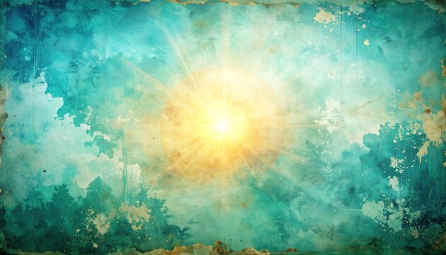 Abstract Watercolor Sky with Radiant Sunburst and Textured Clouds.