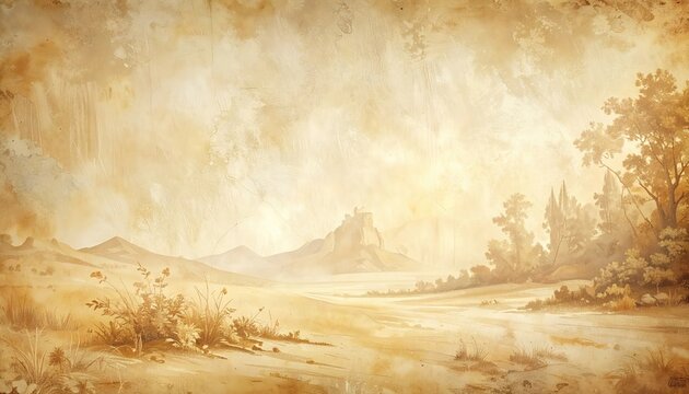Vintage Landscape Painting with Hazy Mountains and Trees.