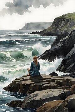 A selkie watching a storm from the safety of a rocky outcrop