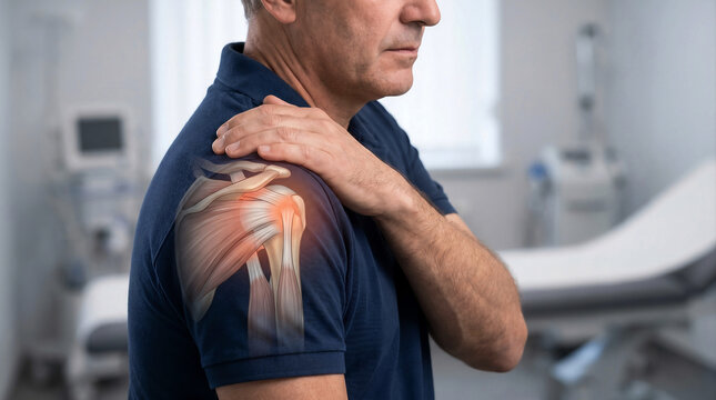Orthopedic Shoulder Pain with Rotator Cuff Anatomy Visualization in Modern Hospital Examination Room