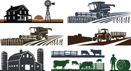 Obraz premium Agriculture and farming vector silhouette set featuring farmhouse barn tractor combine harvester wheat fields livestock cows and ranch windmill landscape