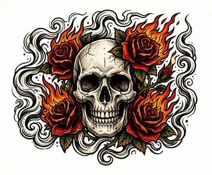 Old School Burning Human Skull Tattoo Flash Art with Orange Fire Flames and Red Roses