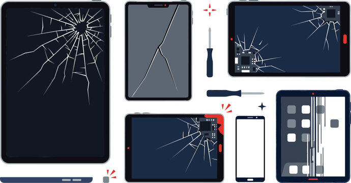 Broken smartphone and tablet repair icon set featuring cracked screens shattered glass display glitch and service tools for electronics maintenance