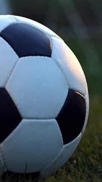 Vertical 9:16 cinematic zoom into a soccer ball on green grass at evening. Blurred goal net and dramatic stadium lights background