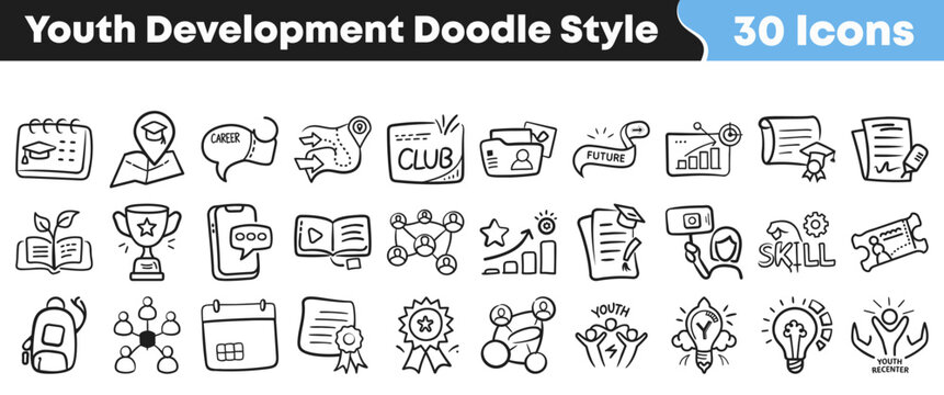 Collection of thirty hand drawn youth development doodle style icons