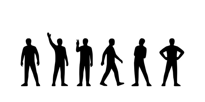 People in Various Poses and Gestures in a Row Featuring Silhouettes, Standing, Walking with Arms Raised and Hands Up Elements for Body Language