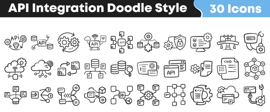 Hand drawn collection of thirty api integration software development icons