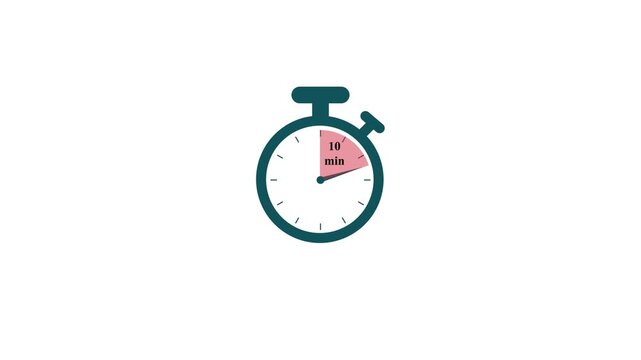 Animated stopwatch counts 10 minutes with pink segment indicating elapsed time and minutes text on white background, dynamic motion.