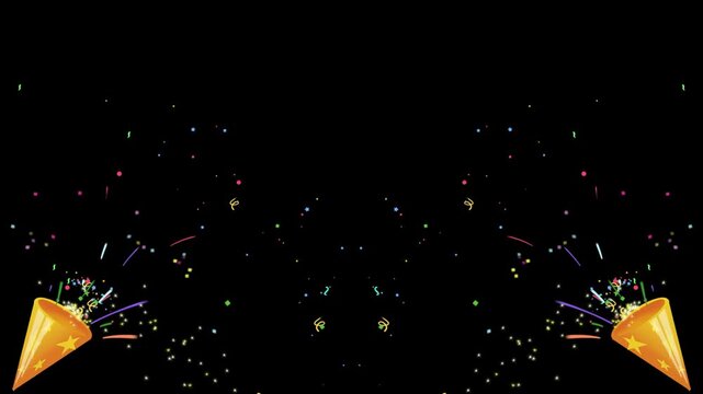 Golden confetti and streamers falling on black background
