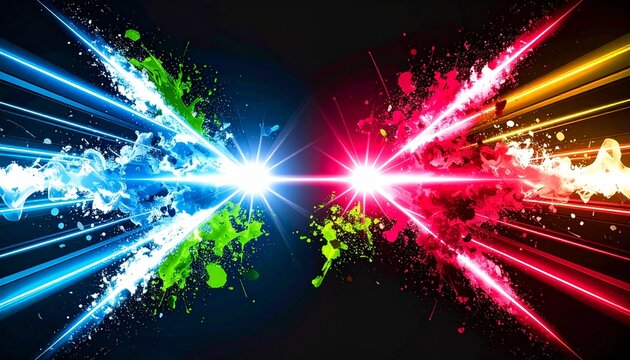 Colorful abstract explosion of light beams and neon paint splatters