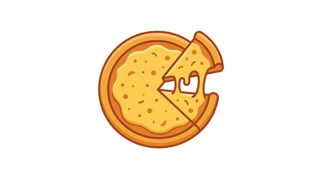 A cartoon illustration of a cheesy pizza pie with one slice being pulled away.