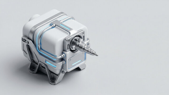 Mechanical hardware box with metal pipes on light background with copy space