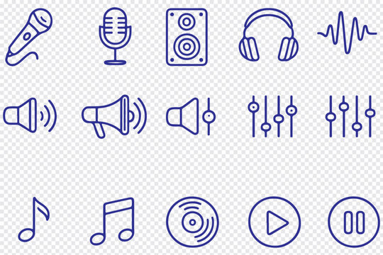 Abstract wave line icon set with sound signals, frequency curves, audio visualization and dynamic motion outline vector collection