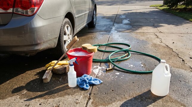 Red bucket with soapy water and cleaning supplies sitting on concrete next to silver car